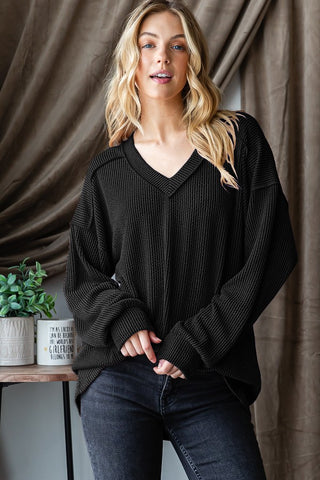 LONG PUFF SLEEVE SOLID URBAN RIBBED TOP - Black