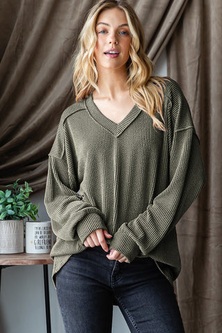 LONG PUFF SLEEVE SOLID URBAN RIBBED TOP - Olive