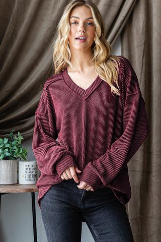 LONG PUFF SLEEVE SOLID URBAN RIBBED TOP - Burgandy