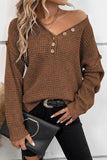 Pointelle Knit Button V Neck Drop Shoulder Sweater/brown