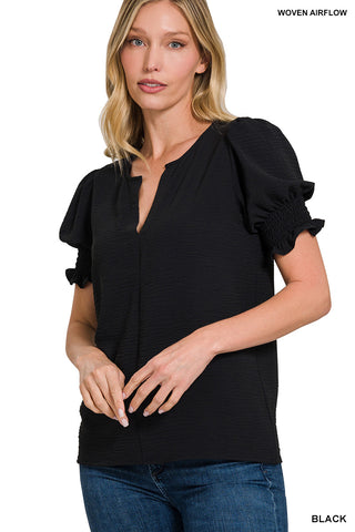 Woven airflow v-neck smocked puff sleeve top - Black
