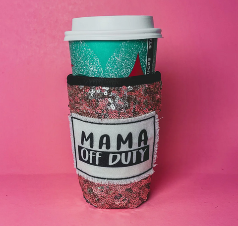 MAMA OFF DUTY ON ROSE GOLD SEQUIN SLEEVE DRINK HOLDER WITH BLACK NEOPRENE HANDLE