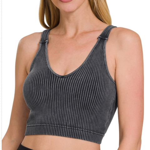 WASHED RIBBED CROPPED BRA PADDED TANK TOP - Ash Black