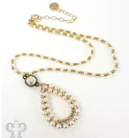 Pink Panache - Pearl and gold bead necklace with pearl teardrop pendant