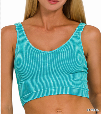 WASHED RIBBED CROPPED V-NECK TANK TOP - Turquoise