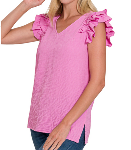 WOVEN AIRFLOW TIERED RUFFLE SLEEVE TOP - Mauve