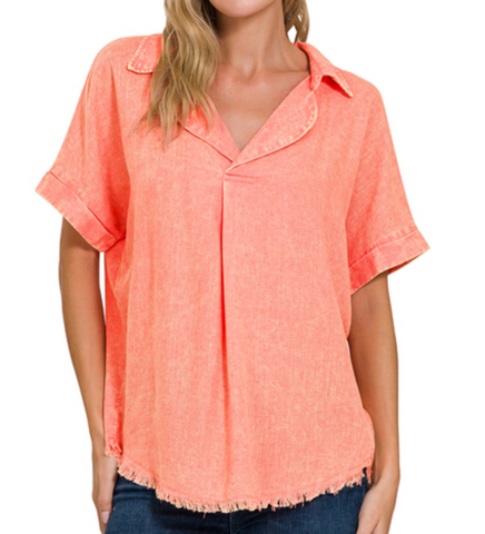 WASHED LINEN RAW EDGE V-NECK SHIRT - Coral