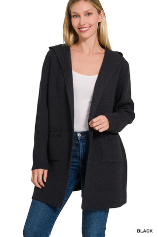 Hooded open front sweater cardigan - Black