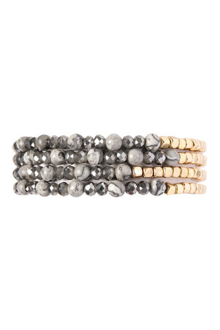 Gray black stone & gold bead bracelet set