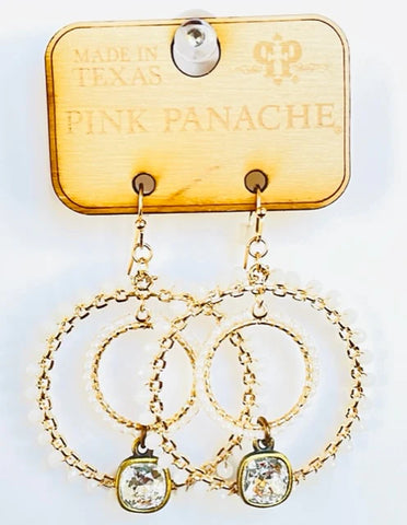 Pink Panache - Earrings - White bead wrapped double circle earring