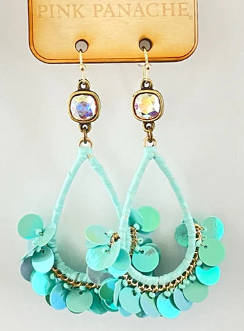 Pink Panache - Earrings - aqua color teardrop with iridescent round fringe earring