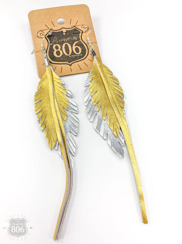 806-E129 * Genuine leather double feather earring - GS