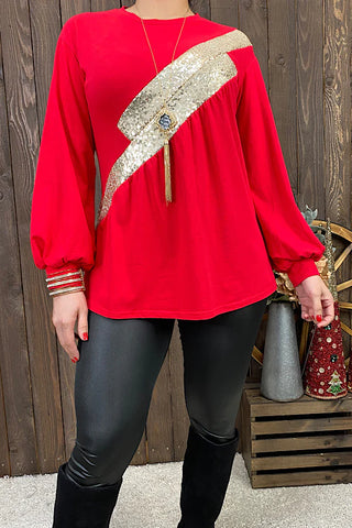 Red long sleeve blouse w/gold sequin