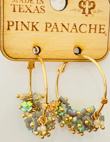Pink Panache - Earrings - Hoops grey beads and flowers