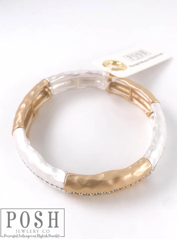 9PB036 * Textured stretch bracelet with clear rhinestone inlay - Gold/Silver