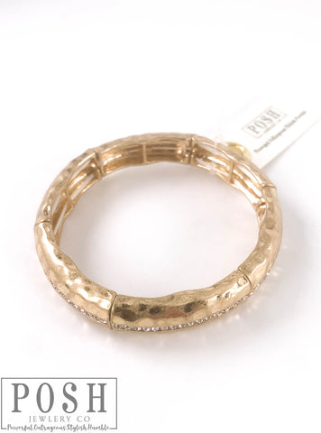 9PB036 * Textured stretch bracelet with clear rhinestone inlay - Gold
