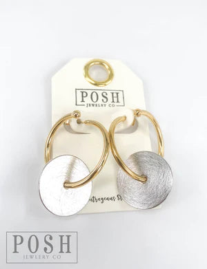 9PE256GS * Gold hoop earring with silver disc charm