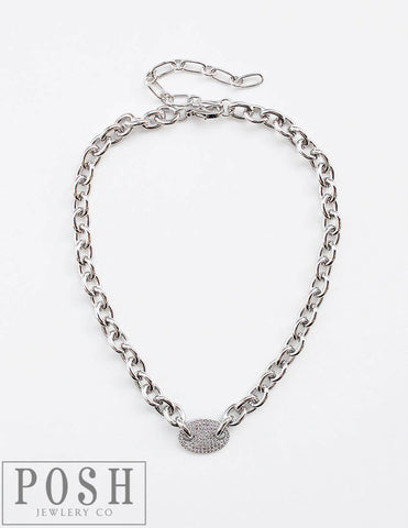 9PN123 * Chain link necklace with pave oval charm - S
