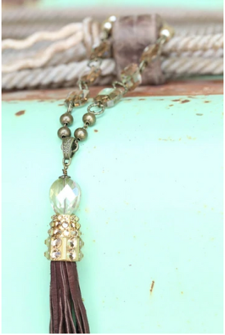 Pink Panache Necklace - Beaded with Brown tassel