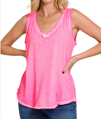 WASHED RAW EDGE V-NECK TANK TOP - Neon Pink
