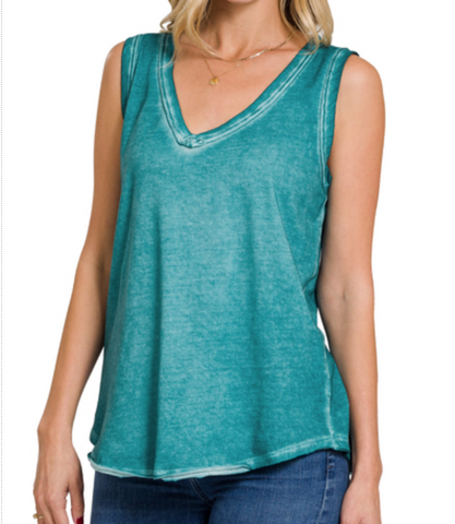 WASHED RAW EDGE V-NECK TANK TOP - Teal