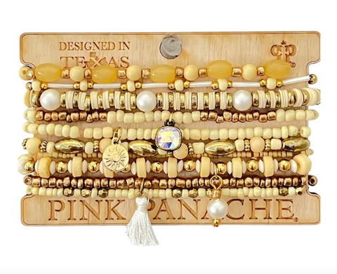 Pink Panache Bracelet Set - 10-strand cream-tone mix bead curvy bracelet with 8mm