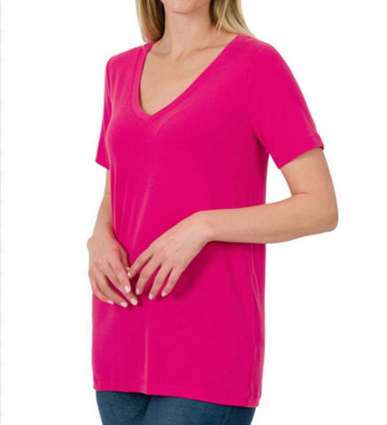 Short Sleeve Solid V-neck - Hot Pink
