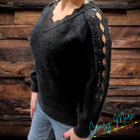 V NECK HAIRY SWEATER TOP WITH SCALLOP CROCHET LACE NECK AND SLEEVES