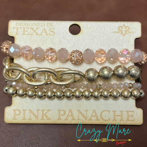 Pink Panache - Beaded Bracelet Set - Light Pink with Gold and chain link